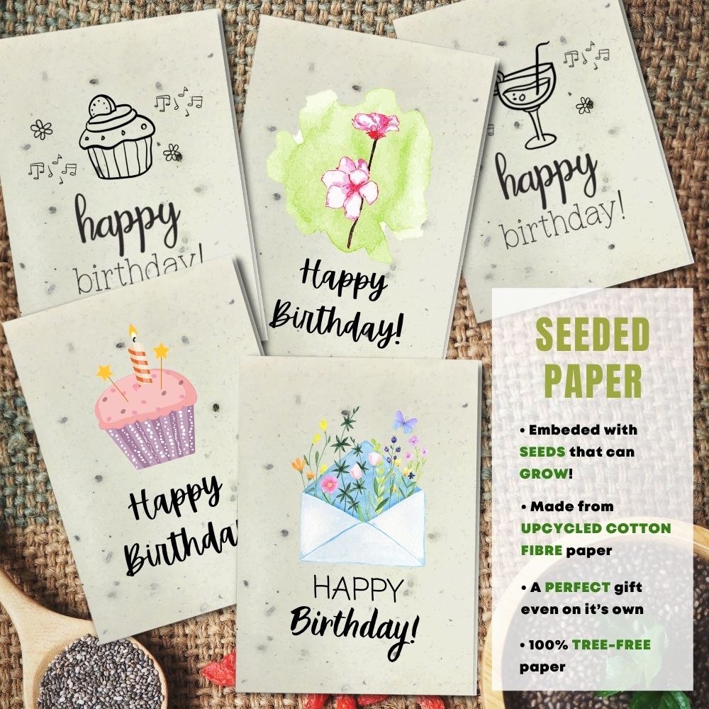 mixed pack of 5 birthday cards made with seeded paper