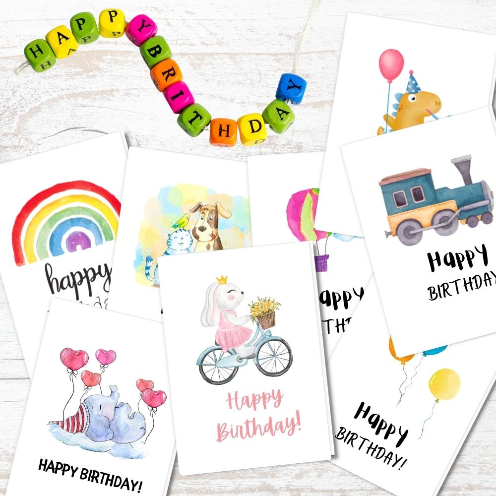 handmade Children&#39;s Birthday Cards pack of 8 and 5 mixed prints design