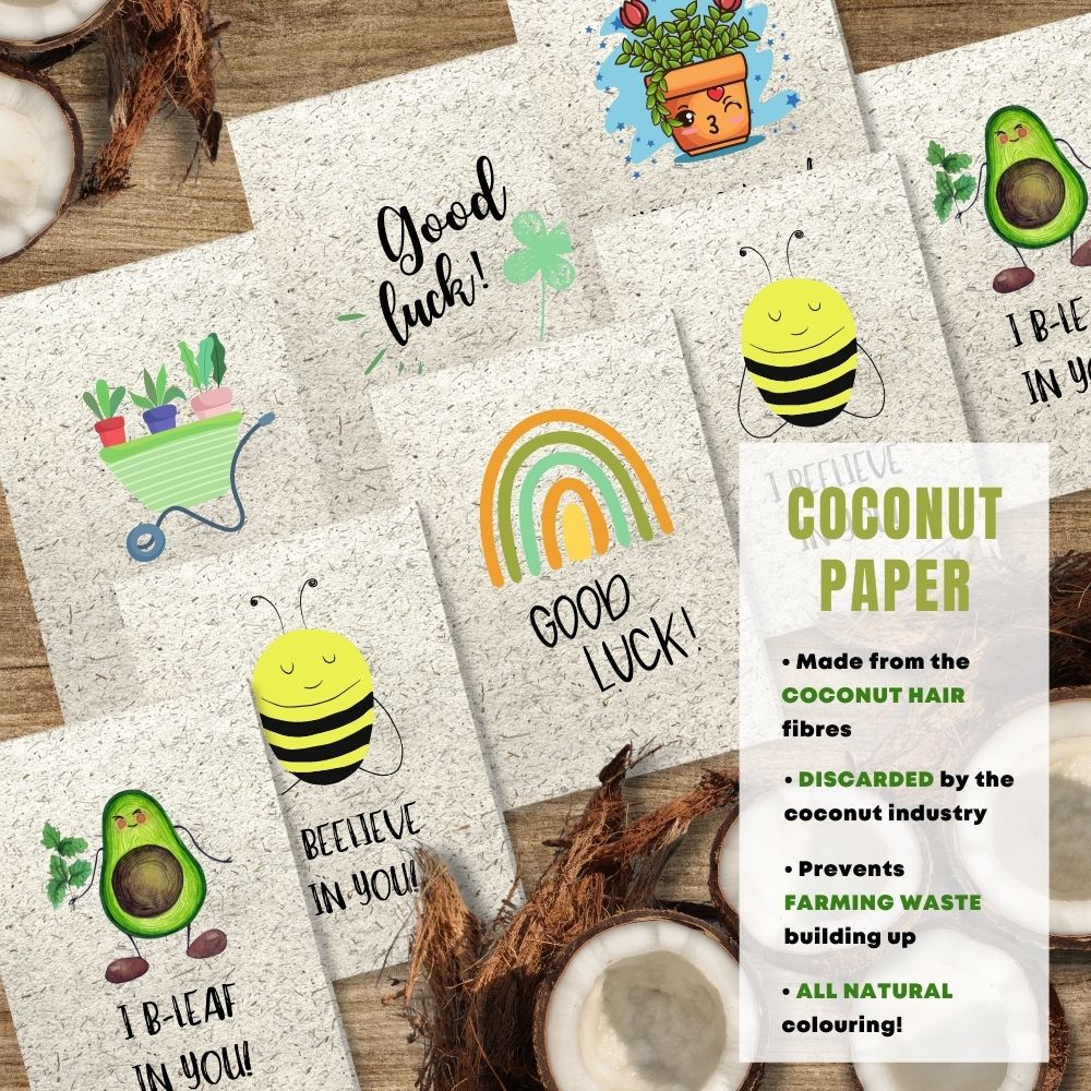 mixed pack of 8 good luck cards made with coconut husk