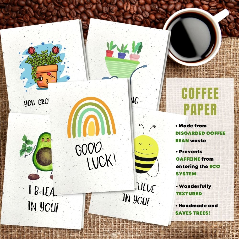 mixed pack of 5 good luck cards made with coffee husk