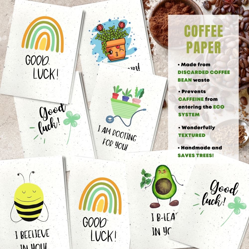 mixed pack of 8 good luck cards made with coffee husk