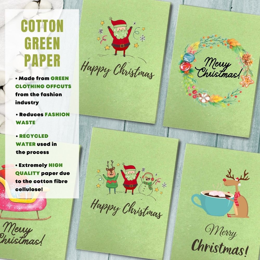 mixed pack of 5 greeting cards made with cotton waste green