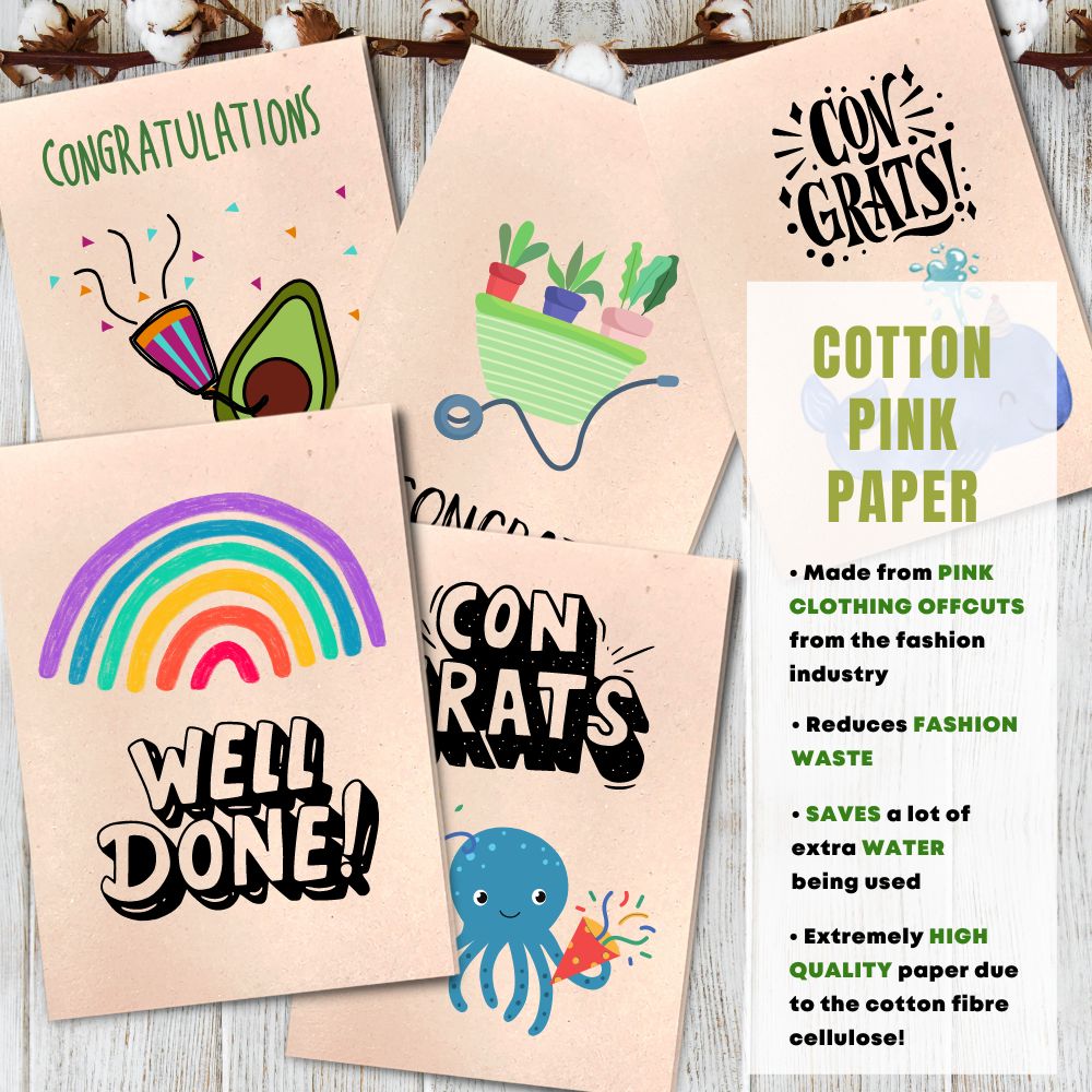 mixed pack of 5 congratulation cards made with cotton waste pink