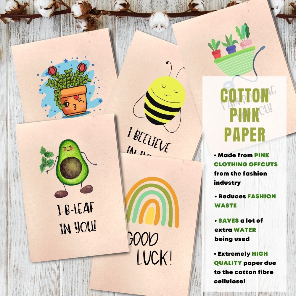 mixed pack of 5 good luck cards made with cotton waste pink