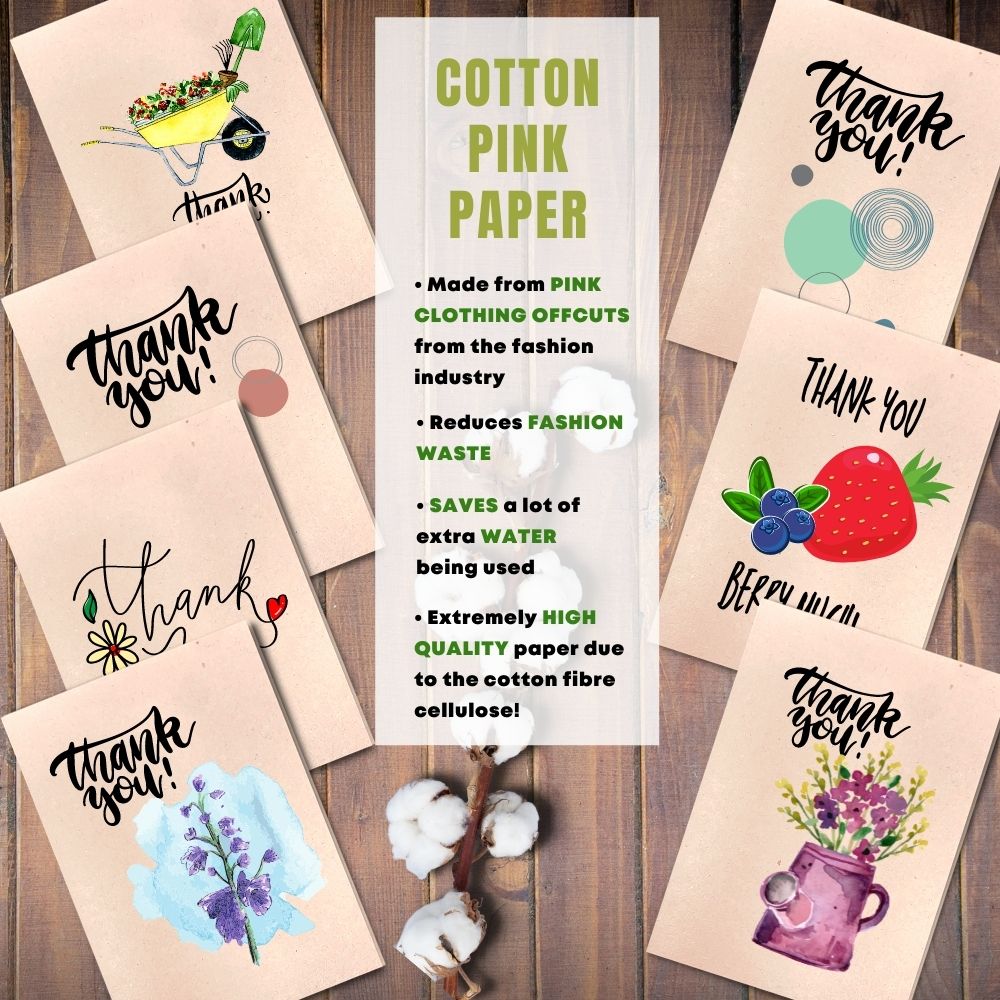 Mixed Pack of 8 Thank You Card made with cotton waste pink