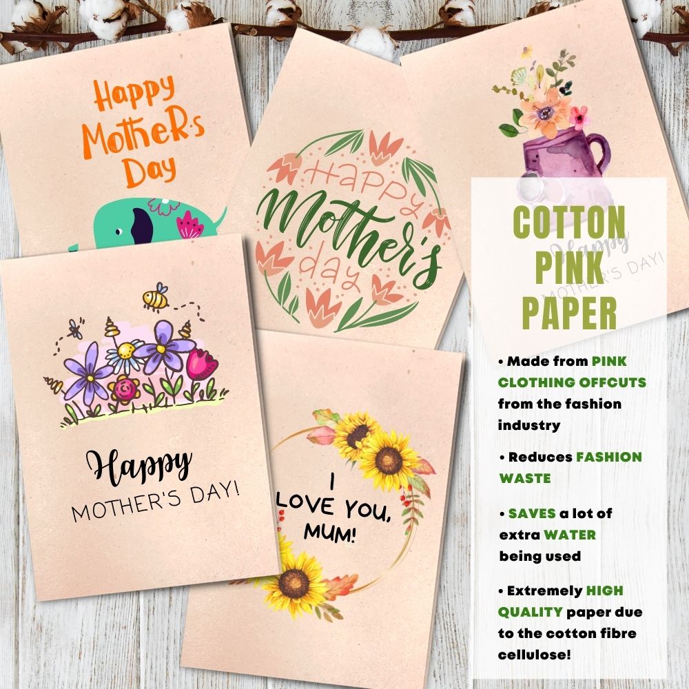 Mixed Pack of 5 Mothers Day Card made with cotton waste pink