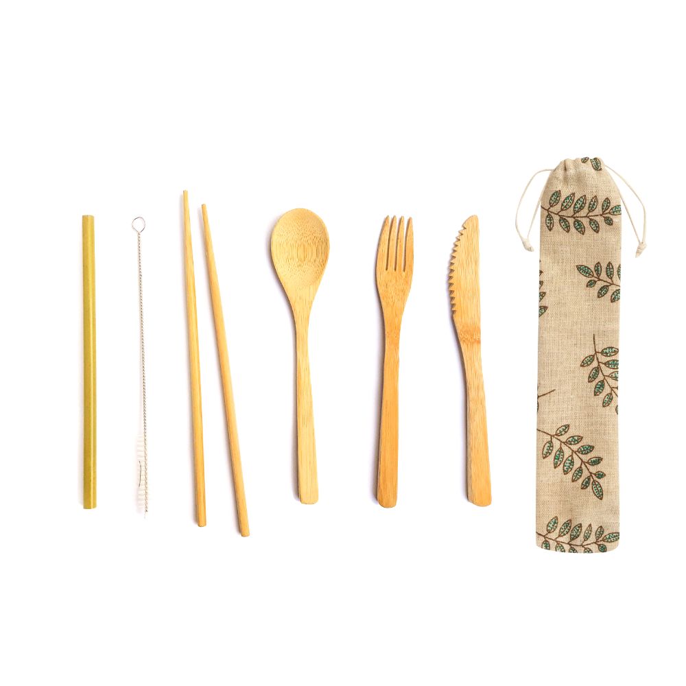 Bamboo Cutlery Reusable Travelling Set with Cotton Pouch
