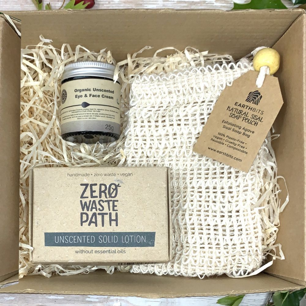 skincare set for sensitive skin type with natural sisal soap bag, unscented face and eye moisturising cream and unscented solid lotion bar