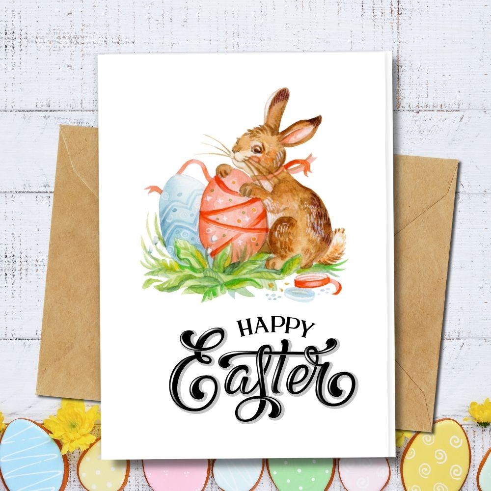 a handmade happy easter day card with a cute little bunny animals and colourful eggs design