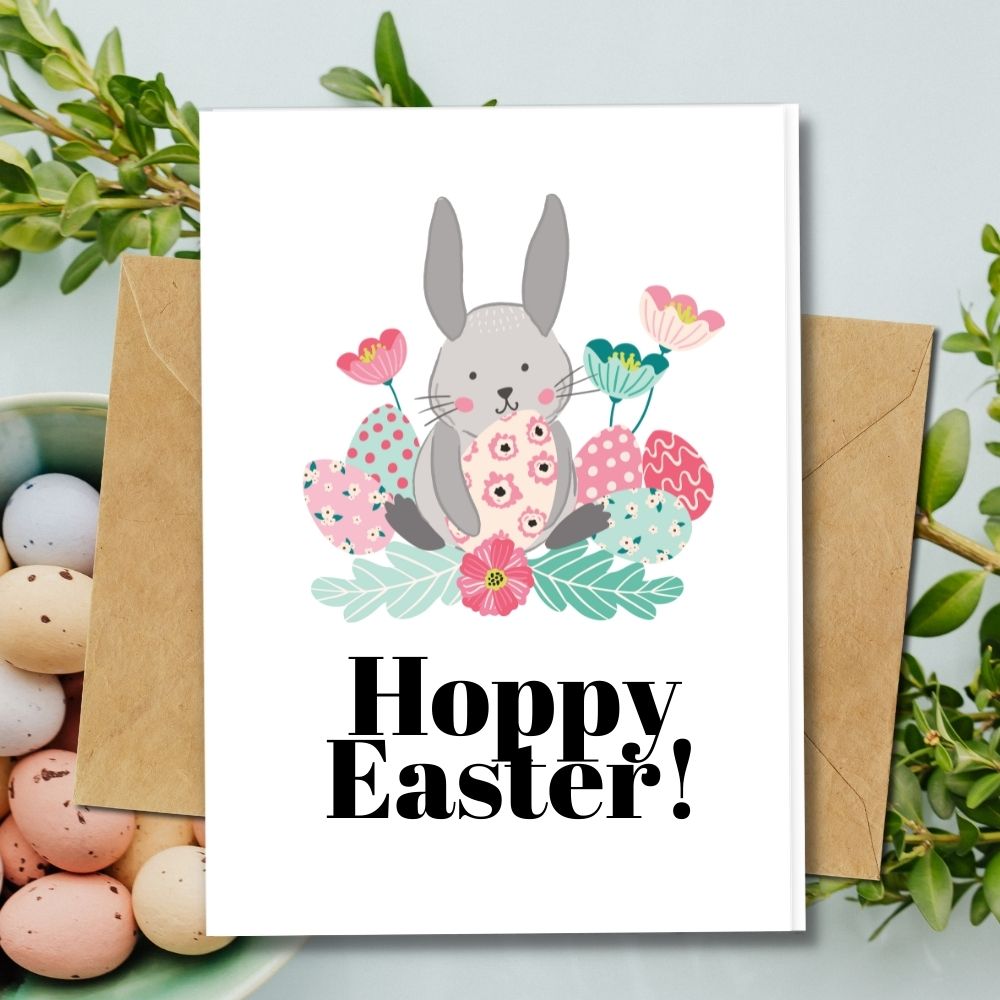 handmade easter cards with a cute bunny holding a easter colourful egg made of banana paper, lemongrass paper, plantable seeded paper and more