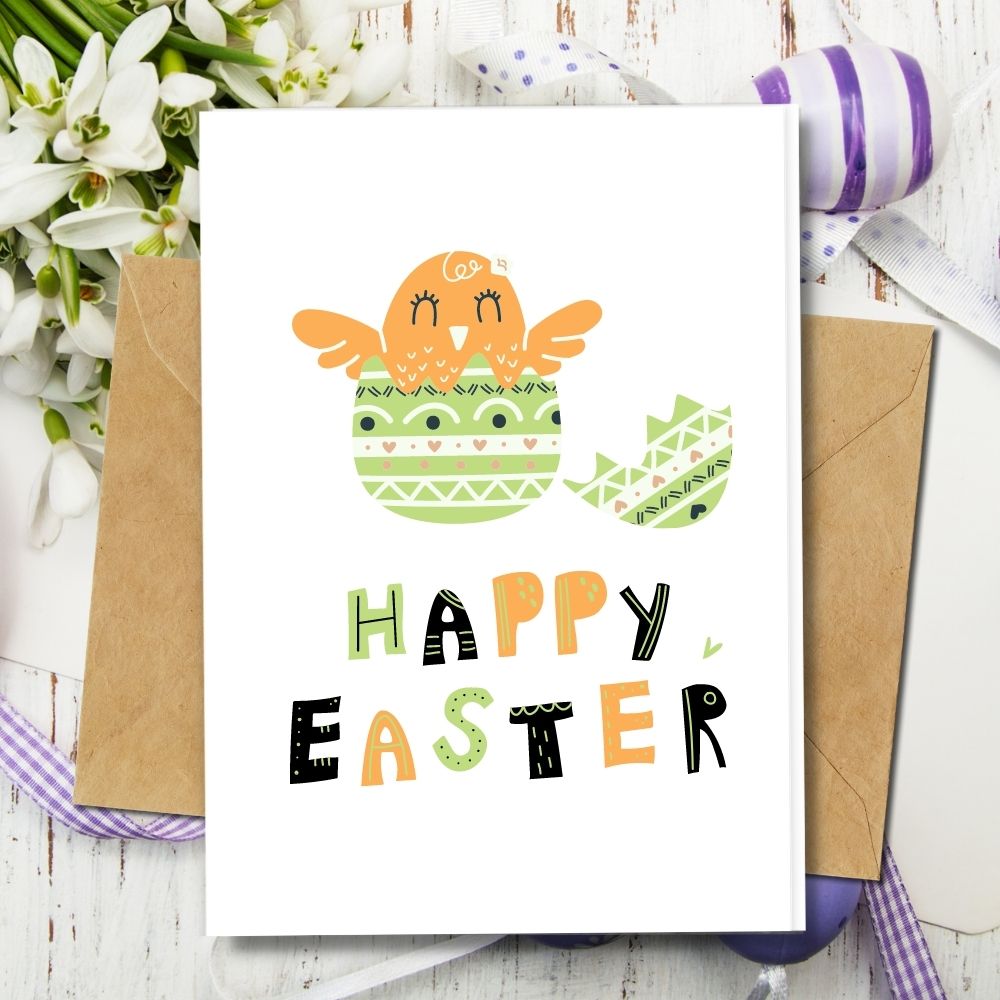 a cute and colourful easter chick greeting you happy easter made of handmade cards and eco friendly papers such as seeded paper, recycled paper and many more