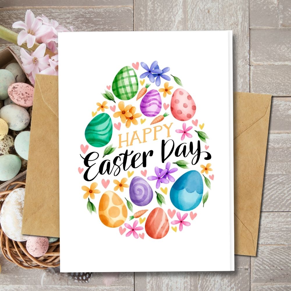 colourful handmade happy easter day cards with a cute easter egg shape design made of eco friendly papers such as plantable seeded paper, cotton paper and more