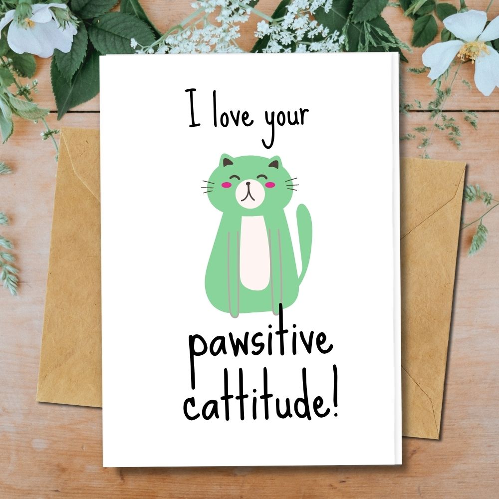 eco friendly greeting card, pawsitive cattitude animal design, 100% recycled paper