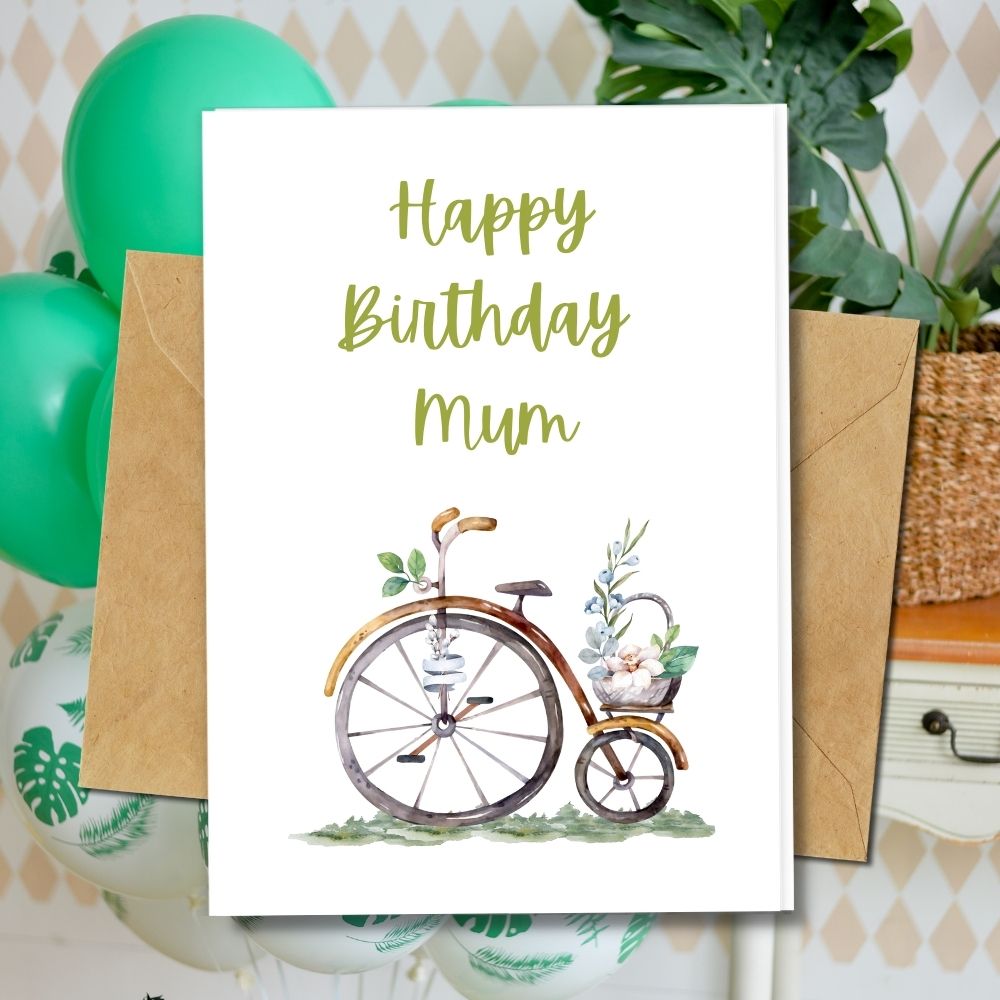 handmade birthday card with bicycle and plant design for mum, available in different type of eco friendly papers 