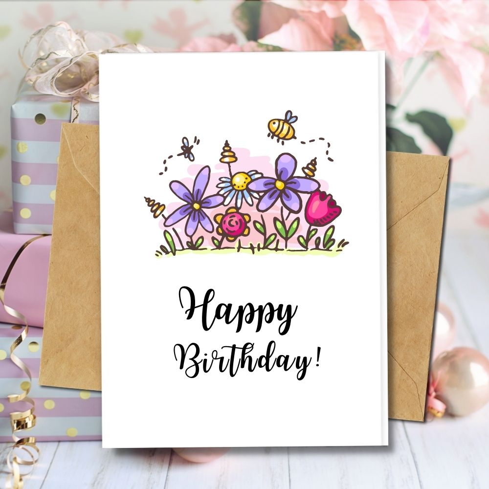 eco friendly birthday cards with a colourful flowery designs made of seeded paper, recycled paper
