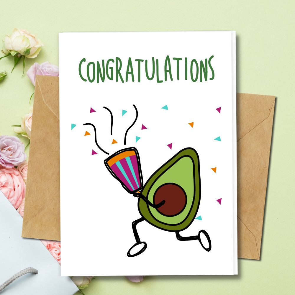 handmade eco friendly congratulation cards with a cute avocado and party poppers design