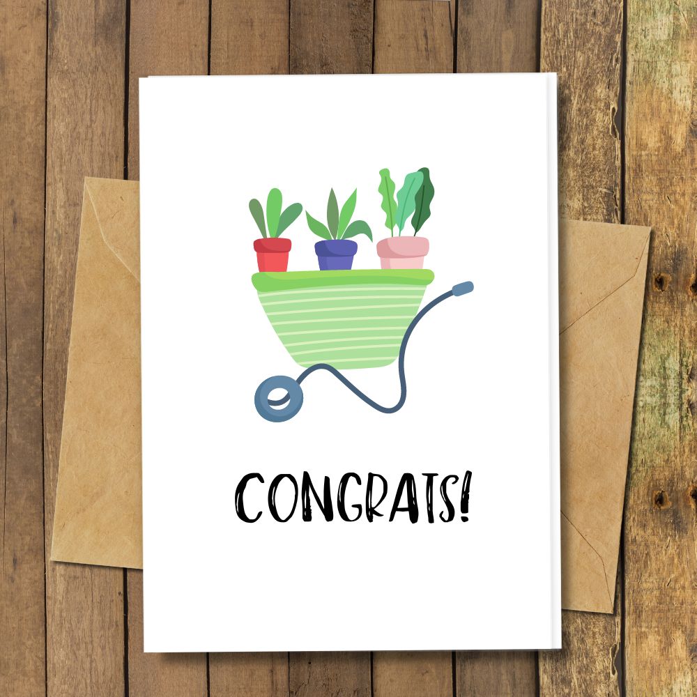 Congrats card that are handmade and eco friendly made with seeded paper that have plants in wheelbarrow design