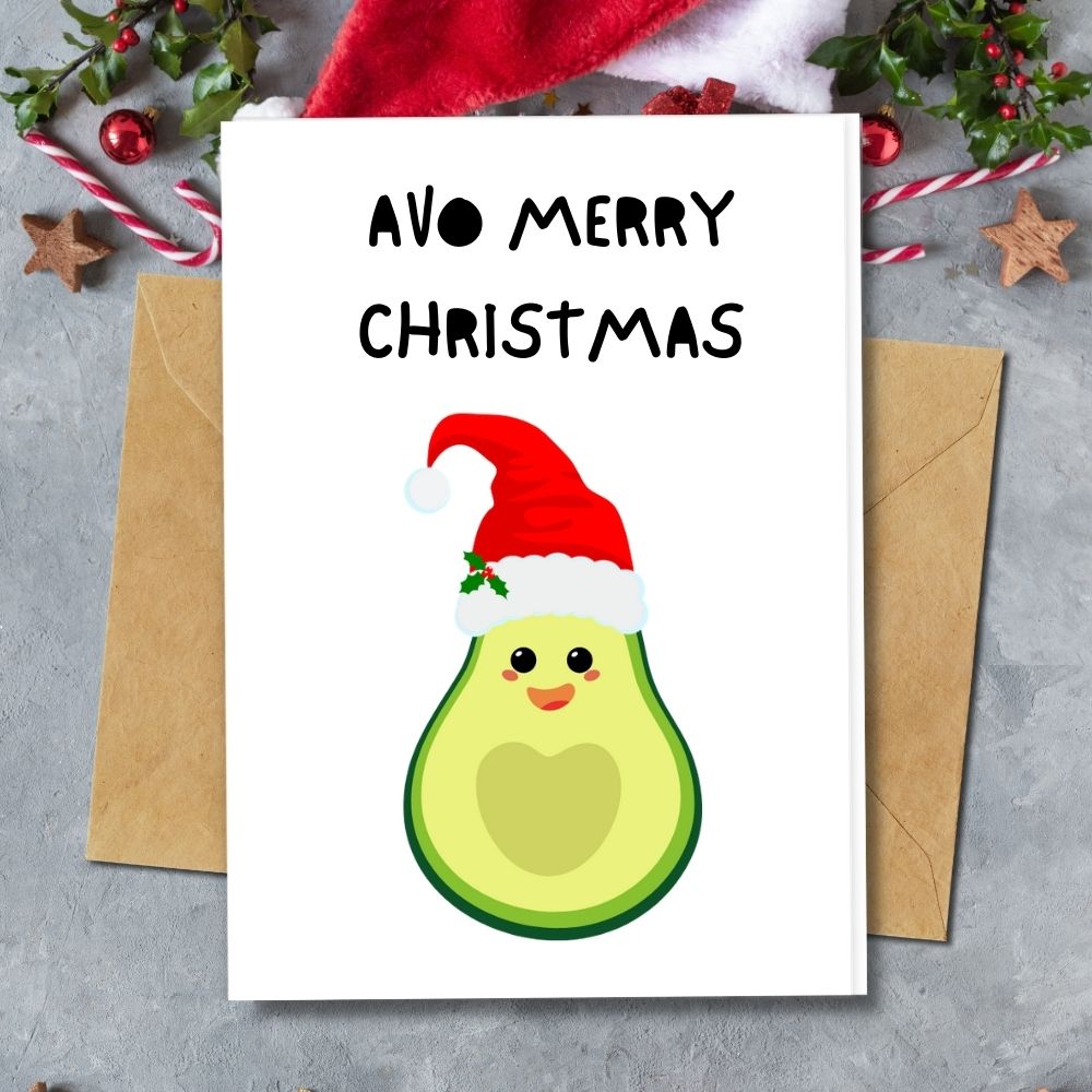eco friendly Christmas cards, handmade cards Avocado with santa hat design