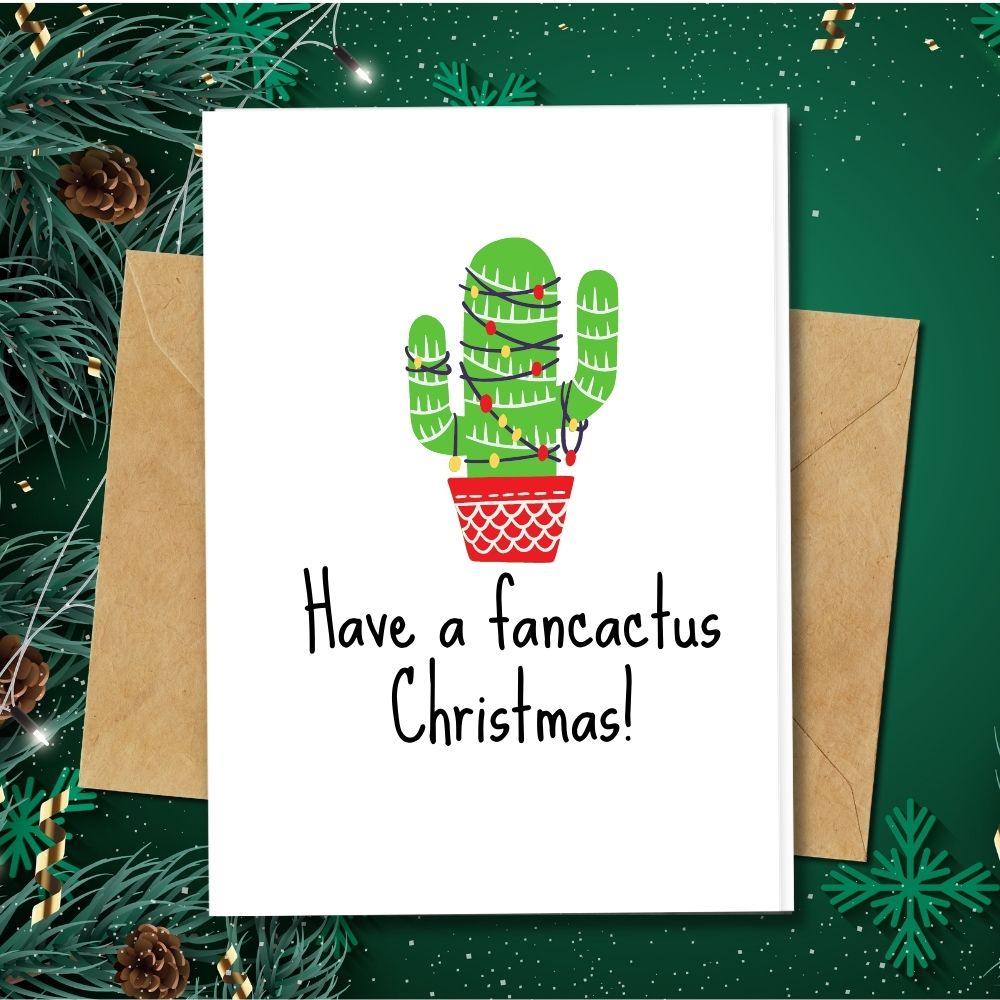 handmade christmas card with a cactus design and Christmas lights