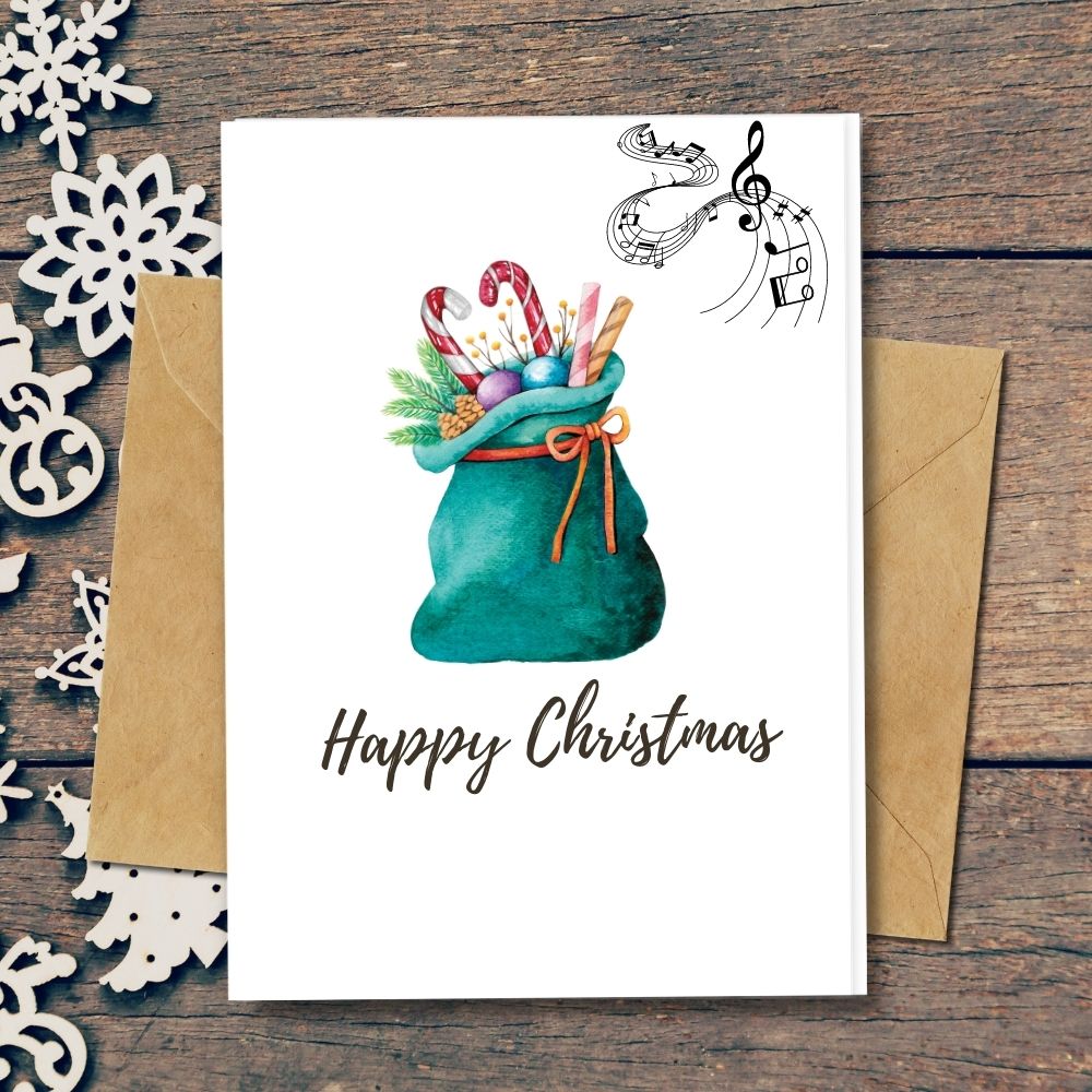 Christmas cards blue sack with christmas decor, candy cane, ornaments