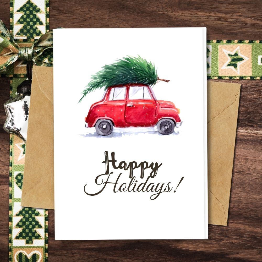 Handmade Christmas Cards, Eco friendly Happy Holidays Card, Red Car in snow