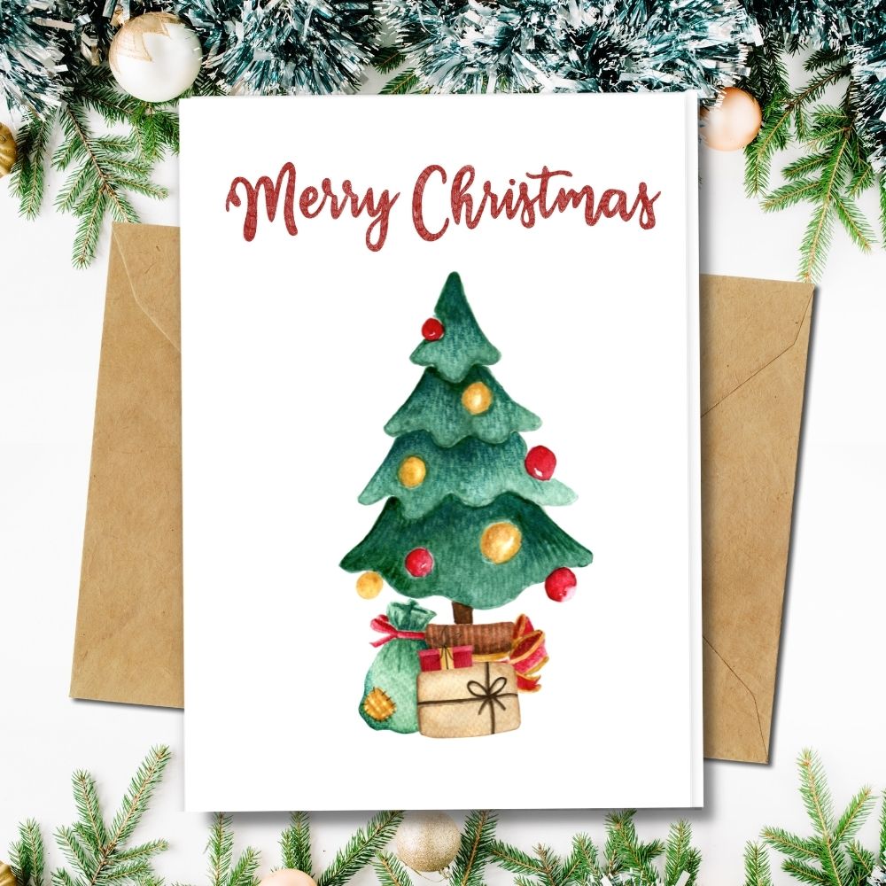 handmade christmas cards, colourful christmas tree with gifts design, eco friendly christmas cards