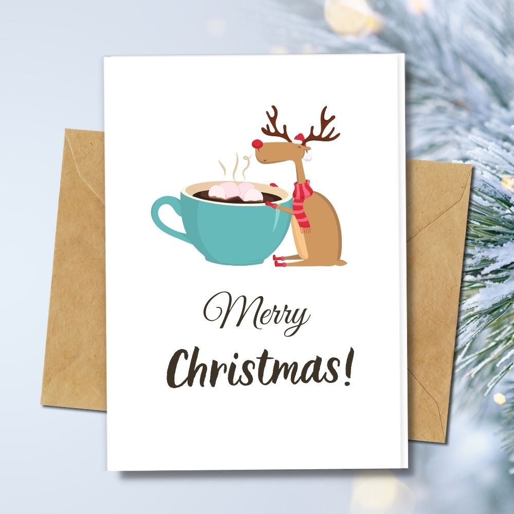 Eco friendly Merry Christmas card with reindeer and hot choco