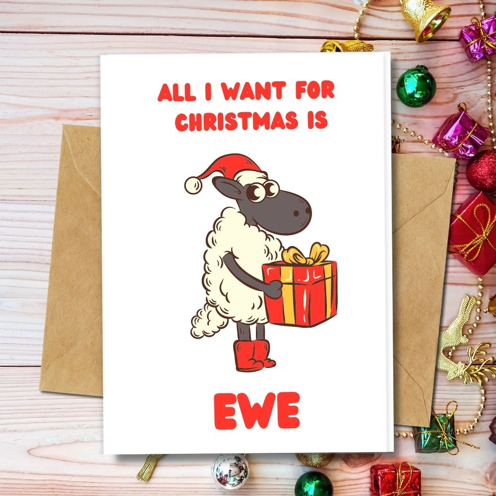 eco friendly handmade cards, all i want for Christmas is EWE design with sheep holding a gift box