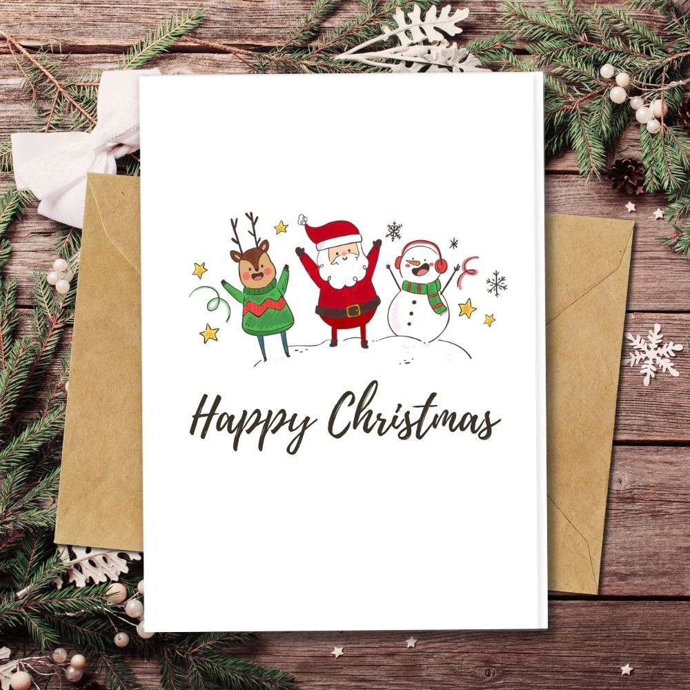 handmade christmas card a cute and fun santa, deer and snowman design, 