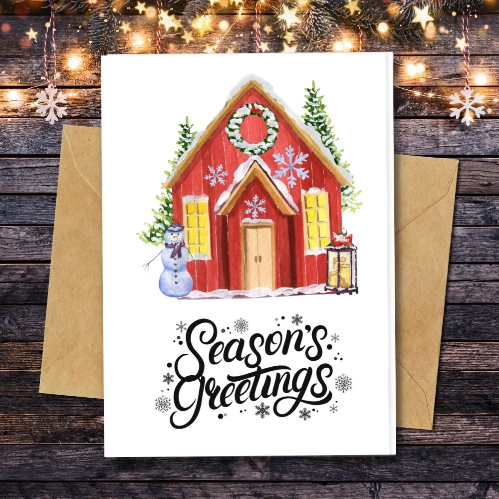 handmade christmas cards, Seasons greetings design, red barn house with snow, lantern and snowman design