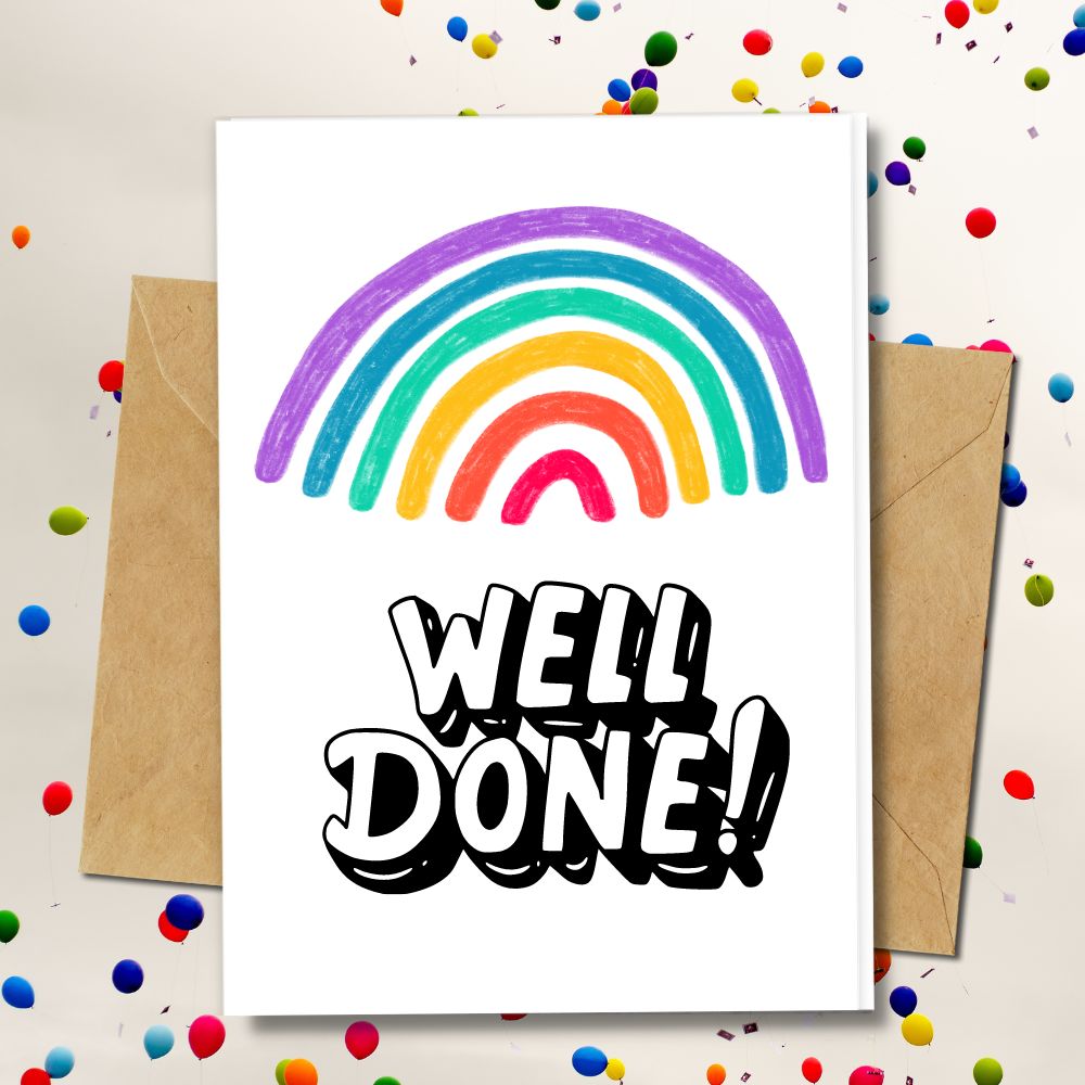 Handmade congratulation cards with a rainbow design greeting you well done they are made of seeded paper, recycled paper and more diff types of paper
