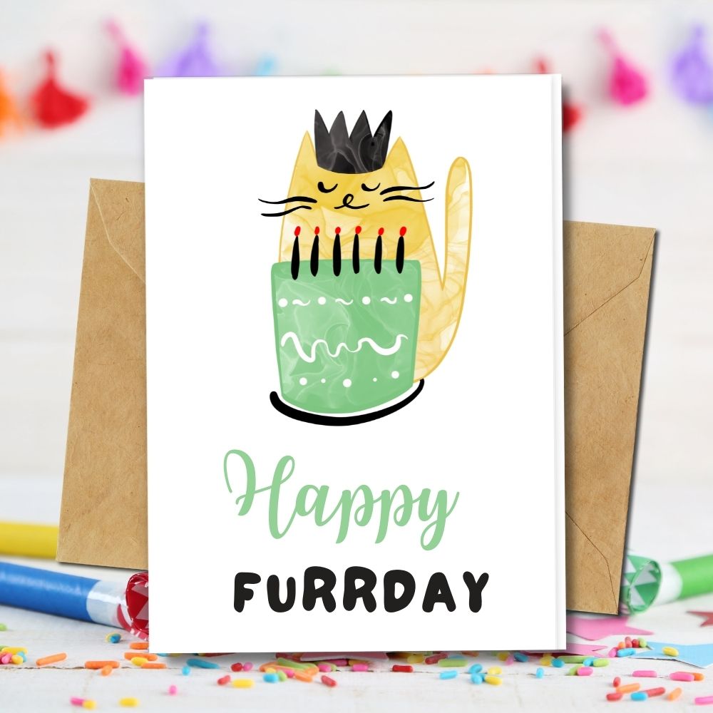 eco friendly birthday card with cat and cake made of paper