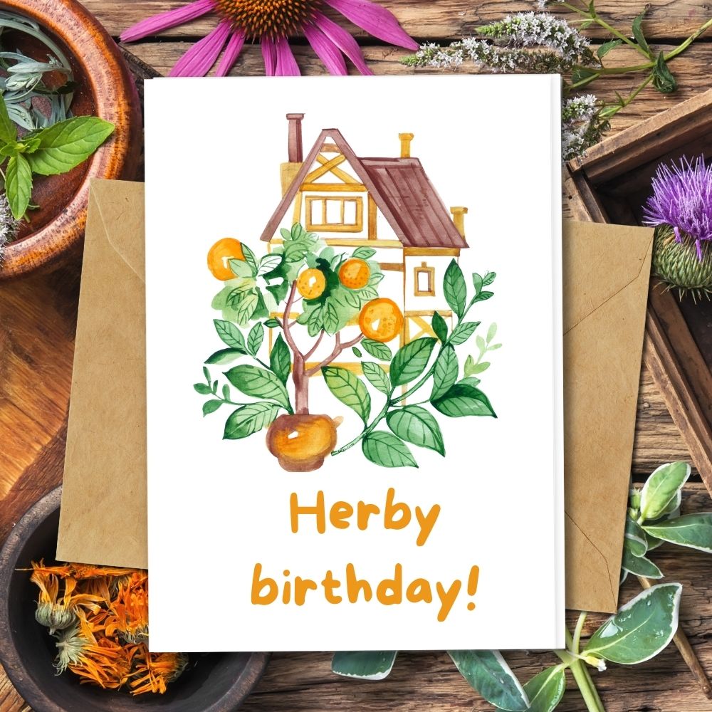 handmade birthday card with tree and orange cards design made of seeded paper, recycled paper, tea paper and more