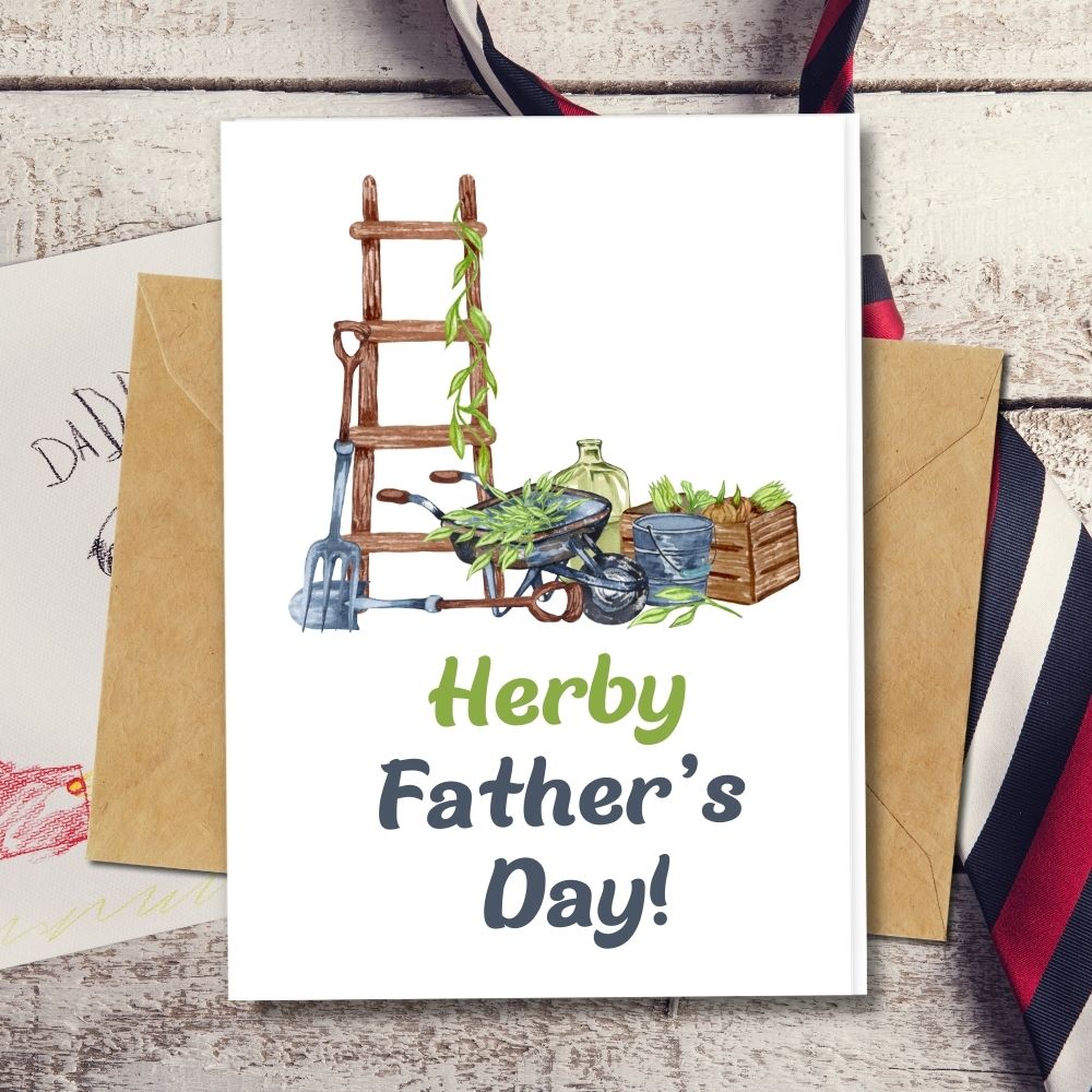 handmade fathers day card with a garden tools design 