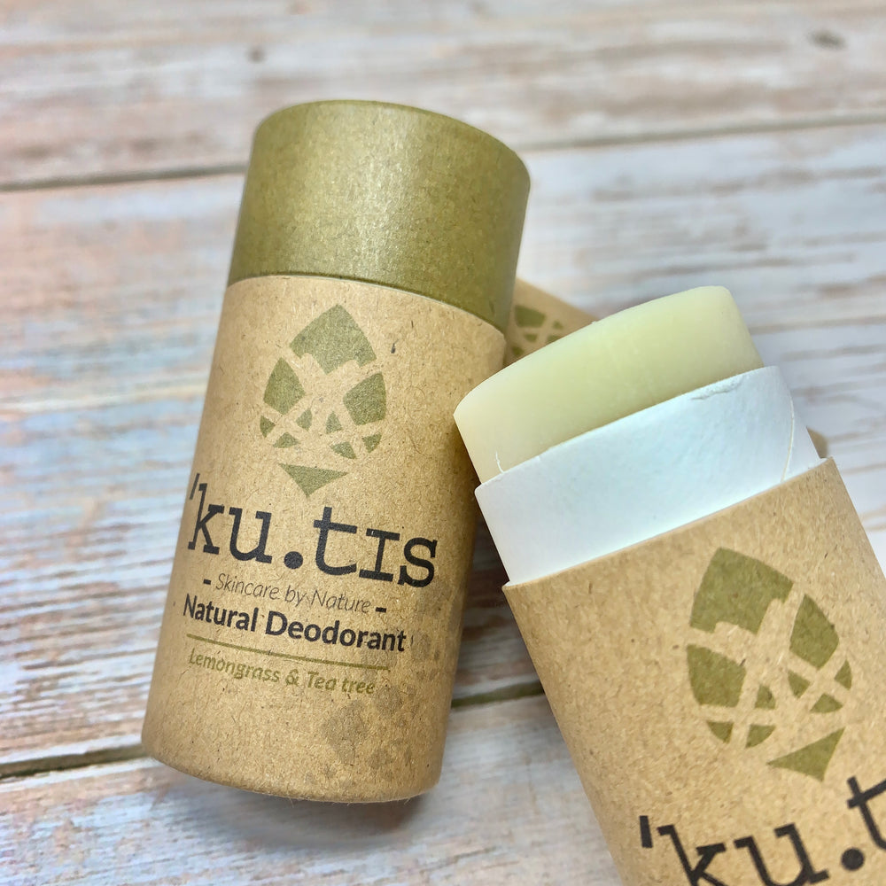 kutis ecofriendly lemongrass and tea tree deodorant, one tube is closed and the other open showing the deodorant stick