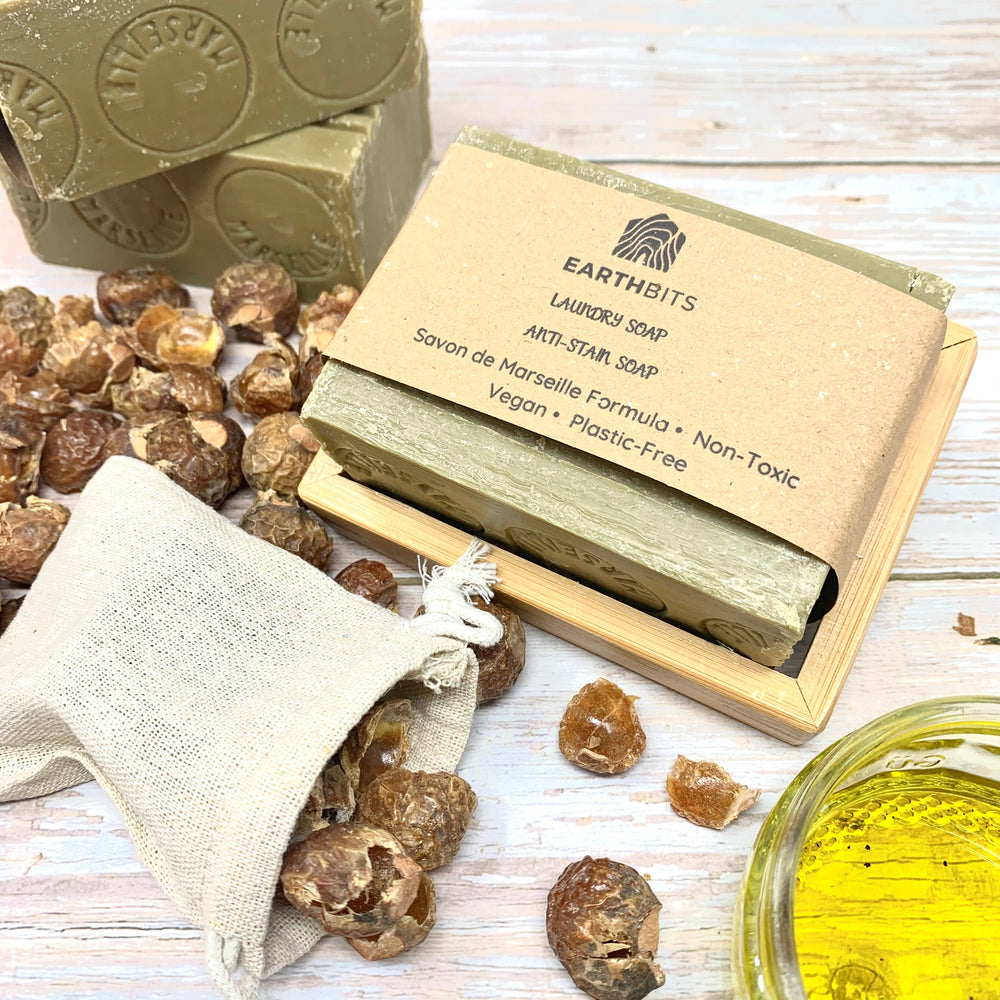 eco-friendly laundry products including anti stain marseille soap bar and soap nuts