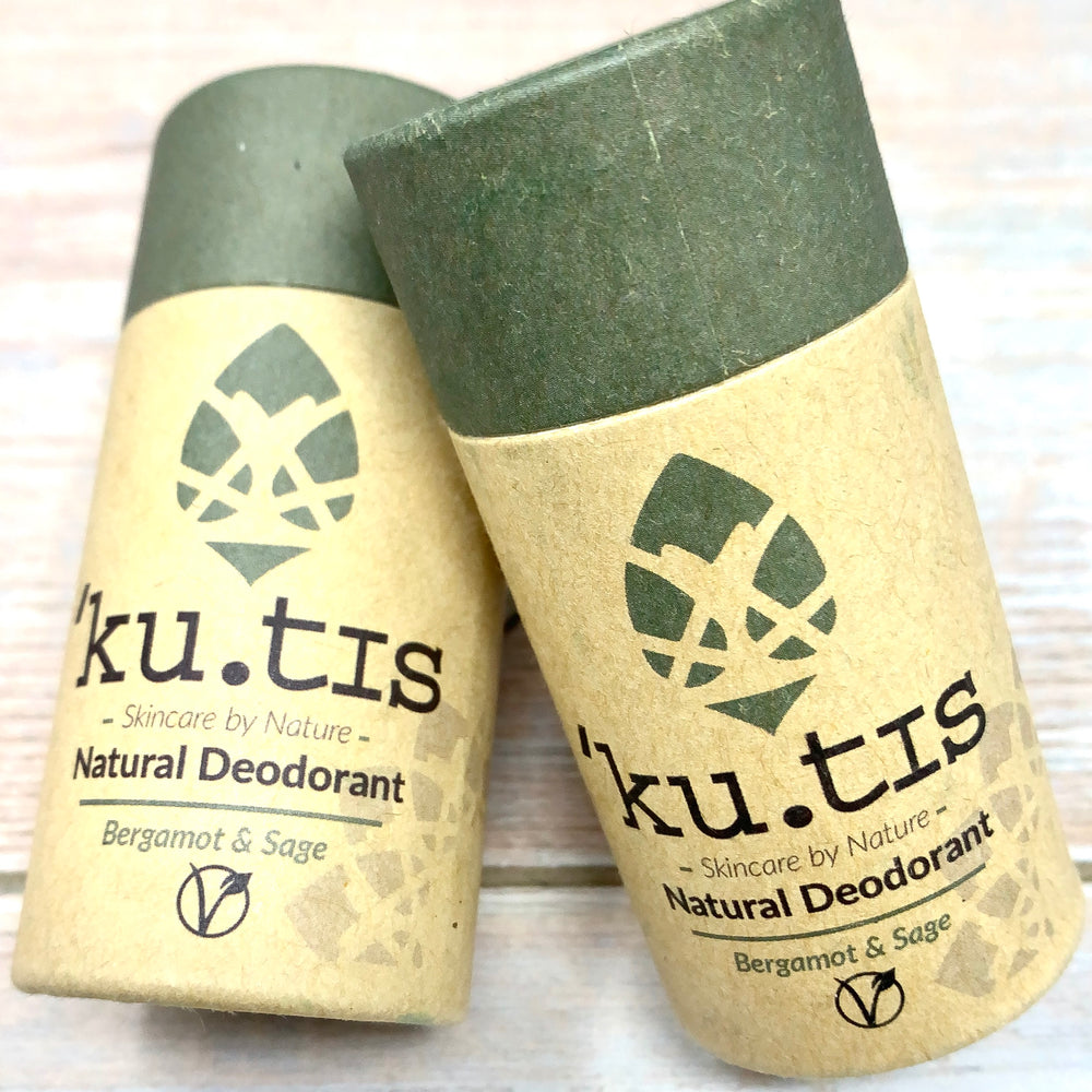 vegan deodorant in cardboard packaging and green cap fully recyclable by skincare company kutis