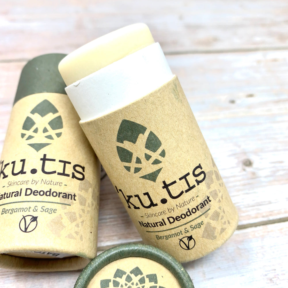 deodorant in recyclable paper packaging made with bergamot and sage