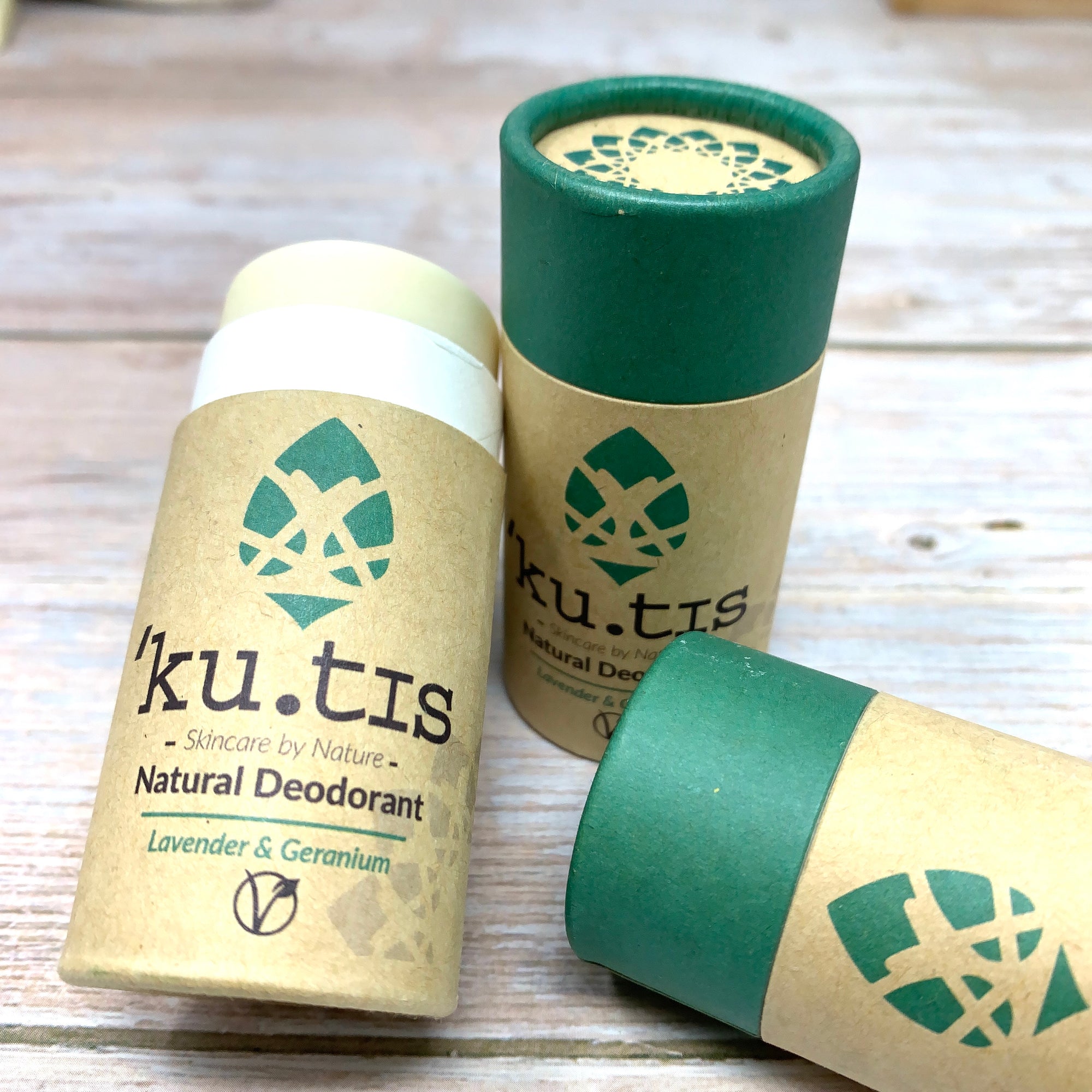organic deodorants by kutis in paperboard push up tube fully recylclable made with brown and green paper