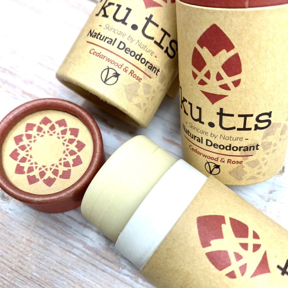 organic cedarwood and rose dedorant in plastic free packaging by kutis