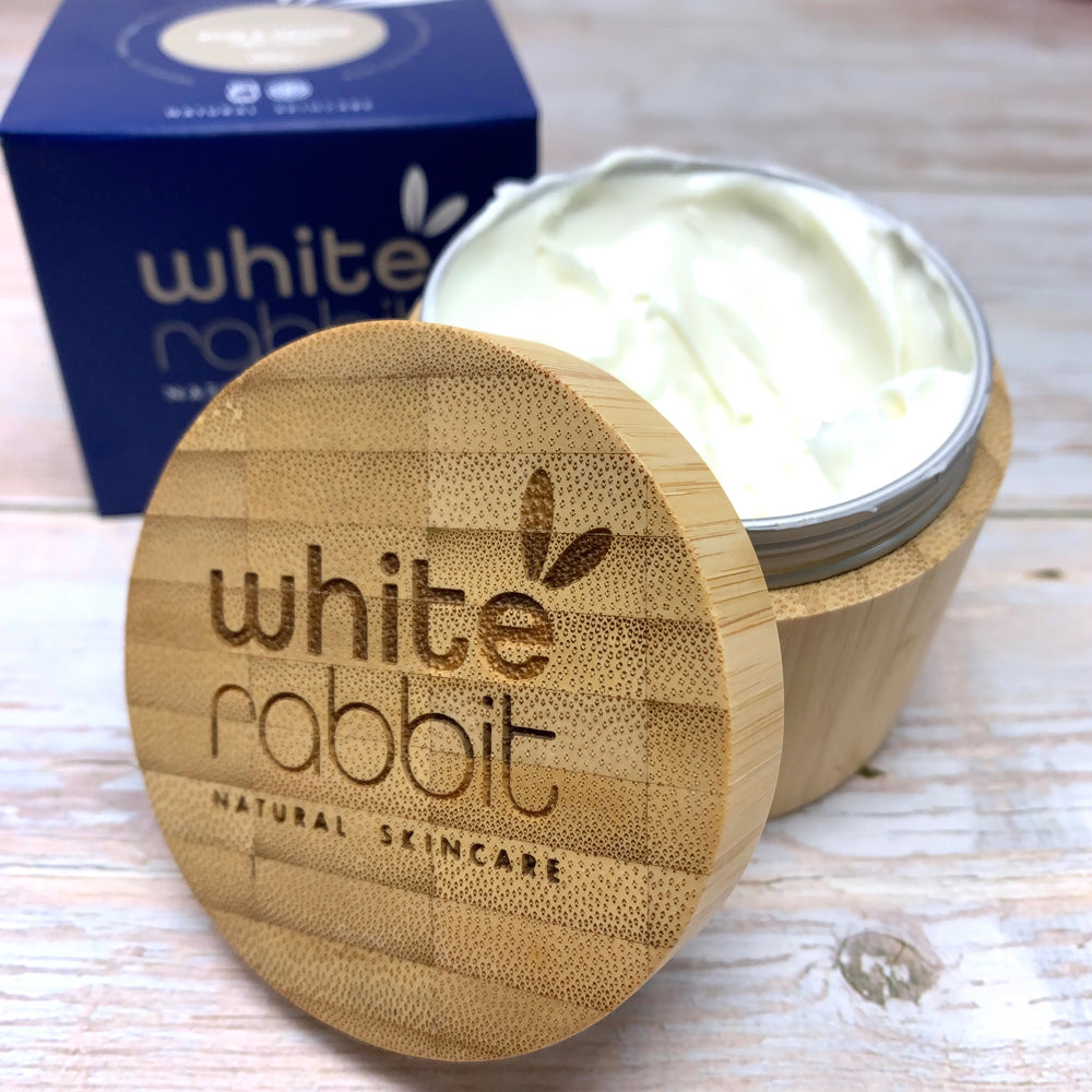 organic vegan night cream in plastic free bamboo pot by scottish maker white rabbit
