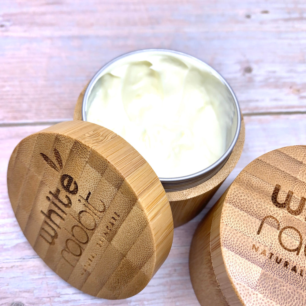 organic face moisturiser in wooden reusable  pot