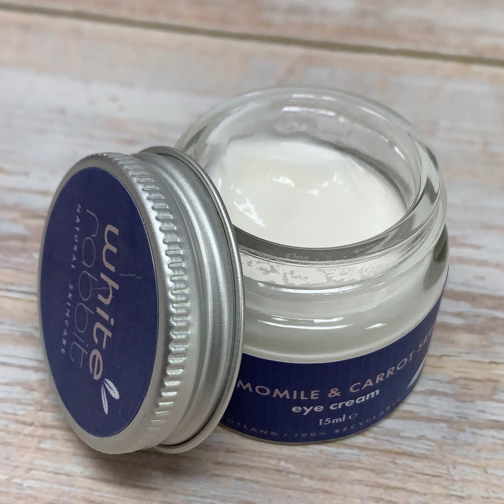 vegan organic eye cream in reusable glass jar and metal cap made by scottish brand white rabbit