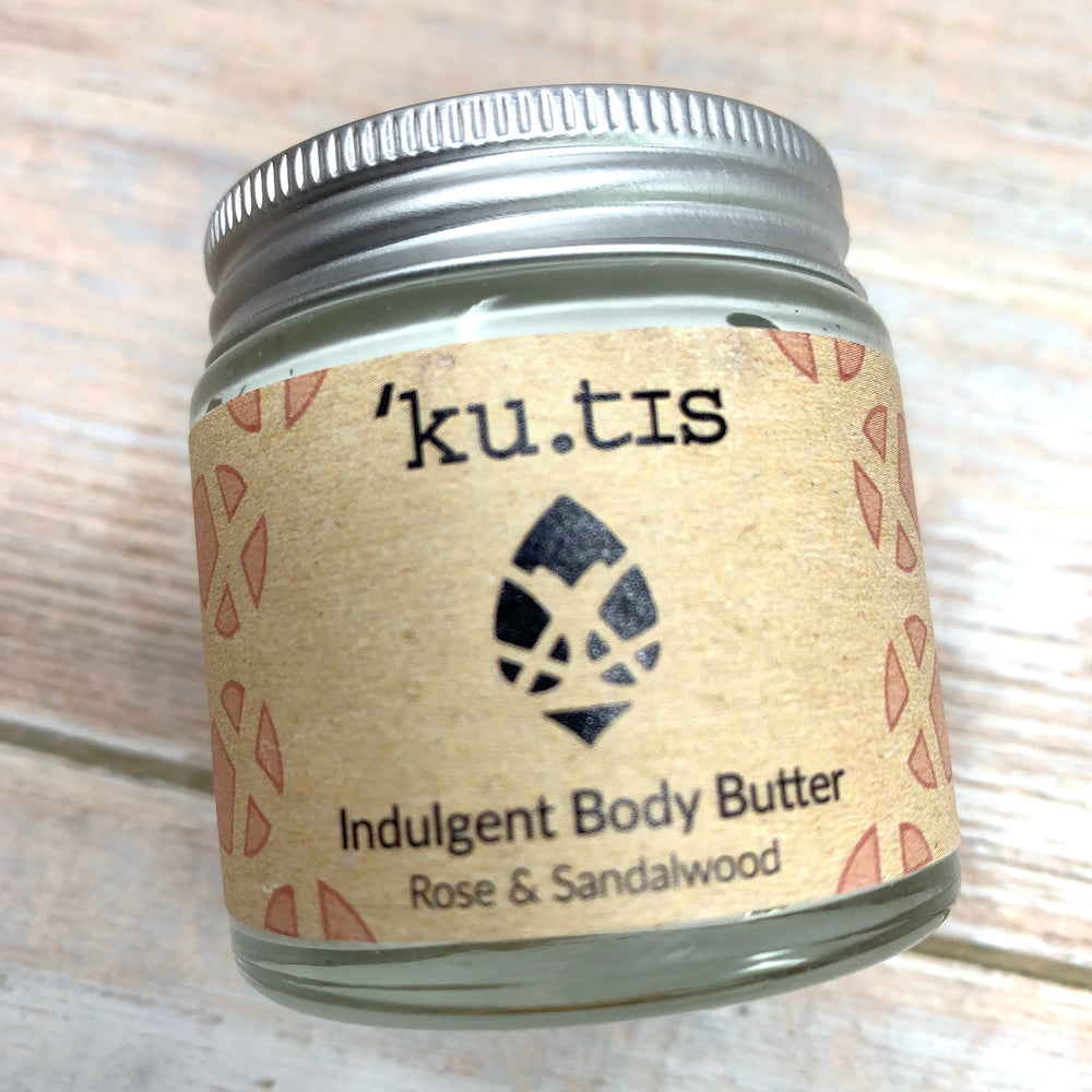 kutis vegan body butter in recyclable glass jar with rose and sandalwood