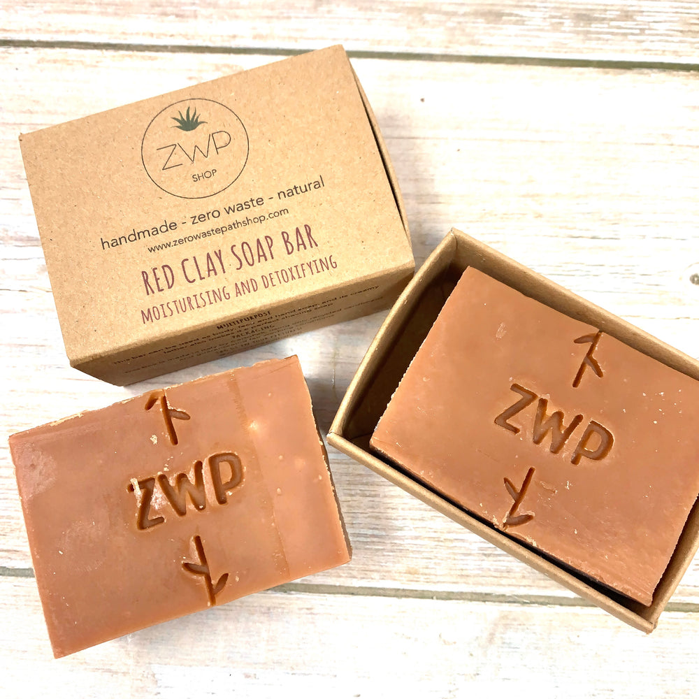 three red soaps made with clay by zero waste path 