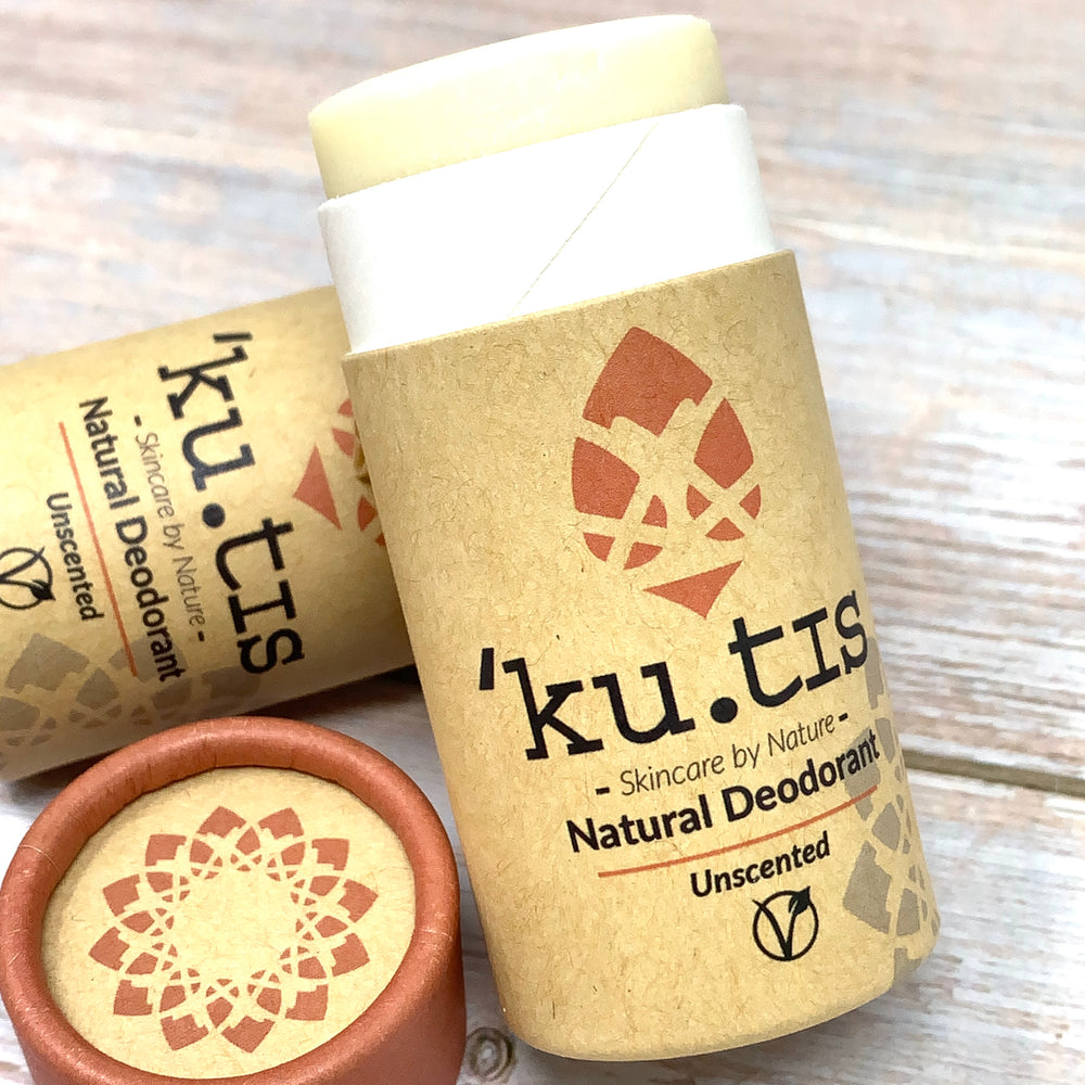 kutis vegan unscented deodorant stick in plastic free packaging made with cardboard