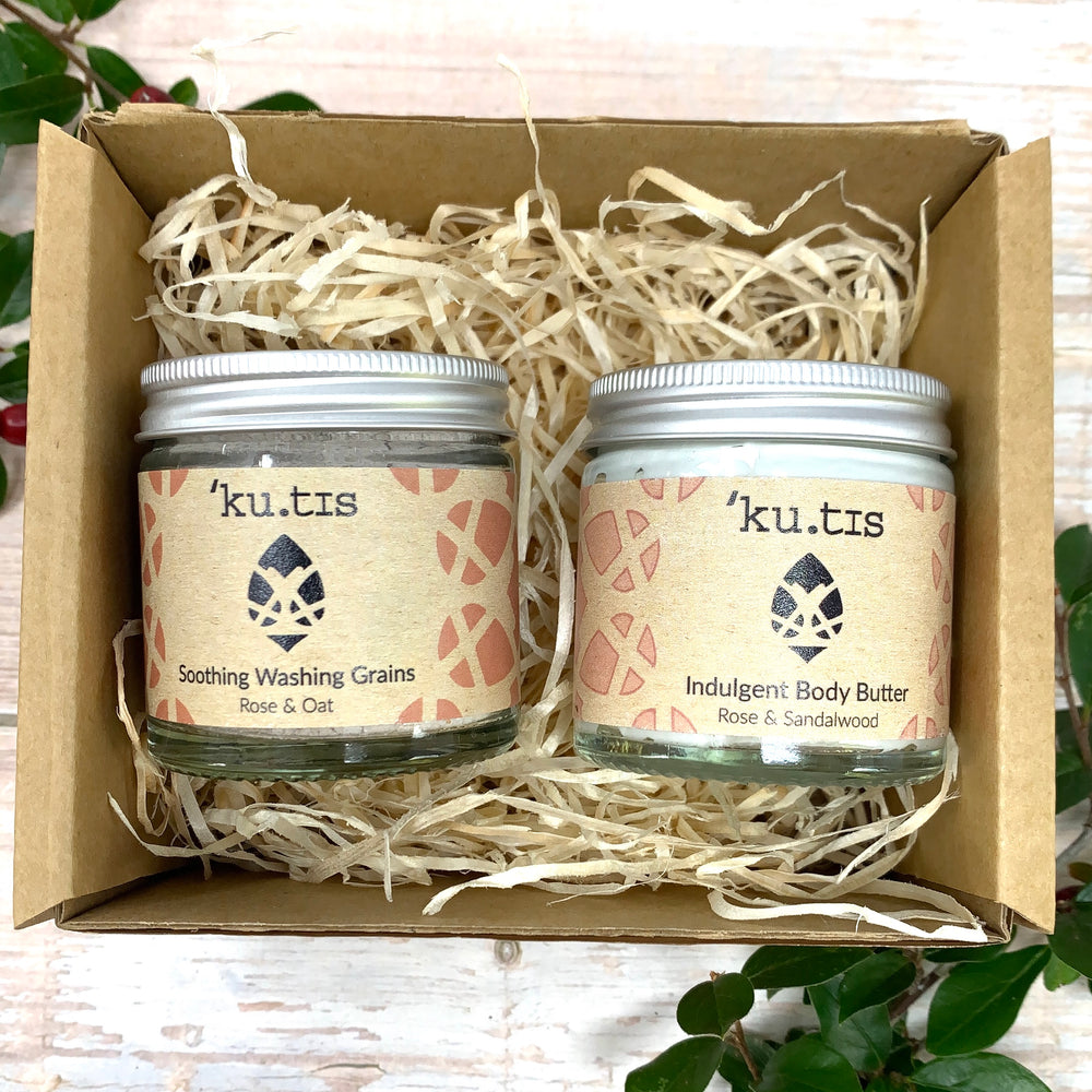 rose scented kutis skincare gift set with rose and oats washing grains and natural rose and sandalwood body butter