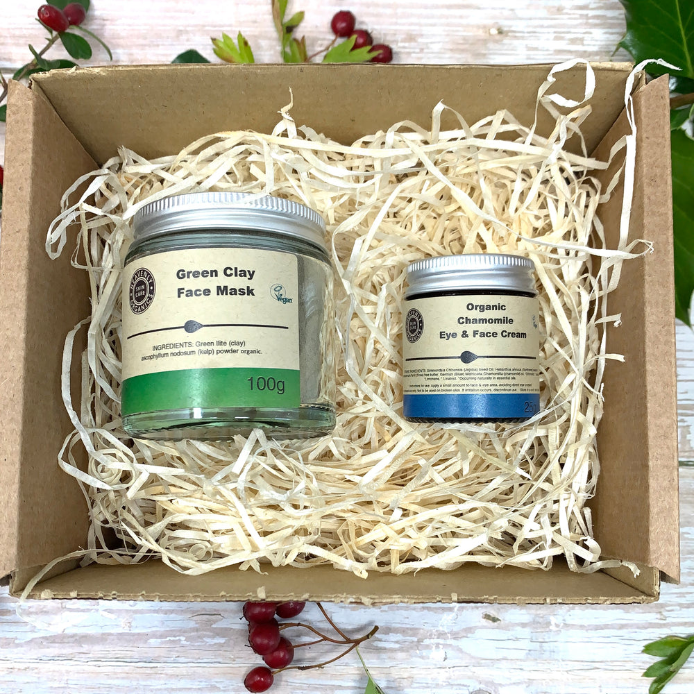 green clay mask and organic chamomile face and eye cream for gentle vegan skincare
