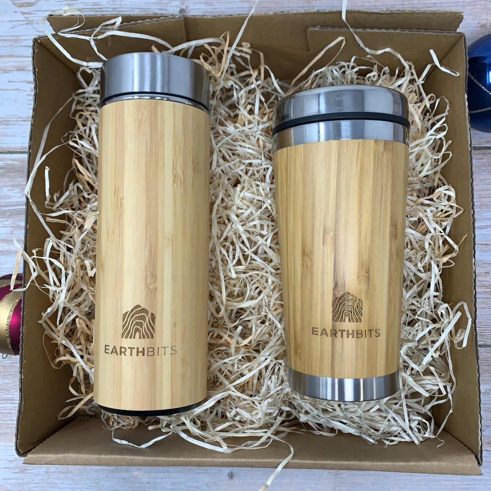 reusable tea cup and water bottle with bamboo casing