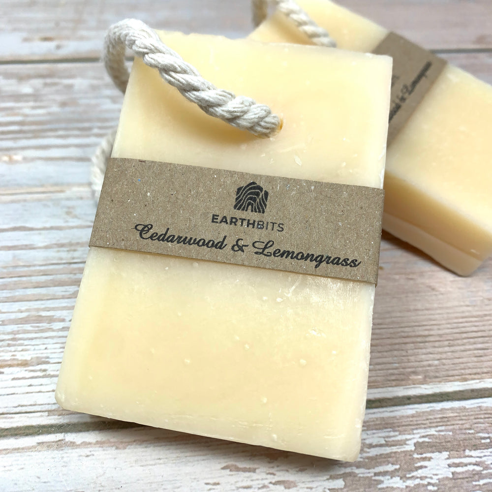 natural organic soap on rope cedarwood and lemongrass with brown label by earthbits
